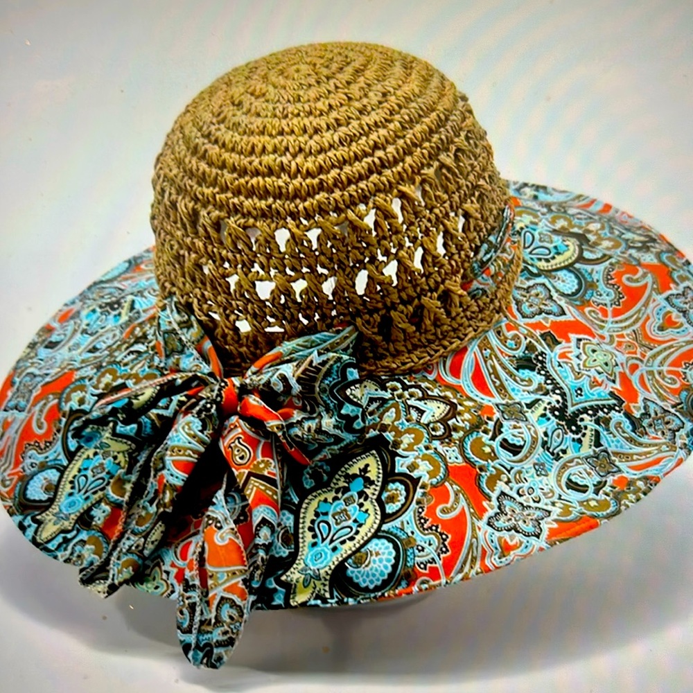 Summer Straw Sun Hat with Paisley Brim and Bow